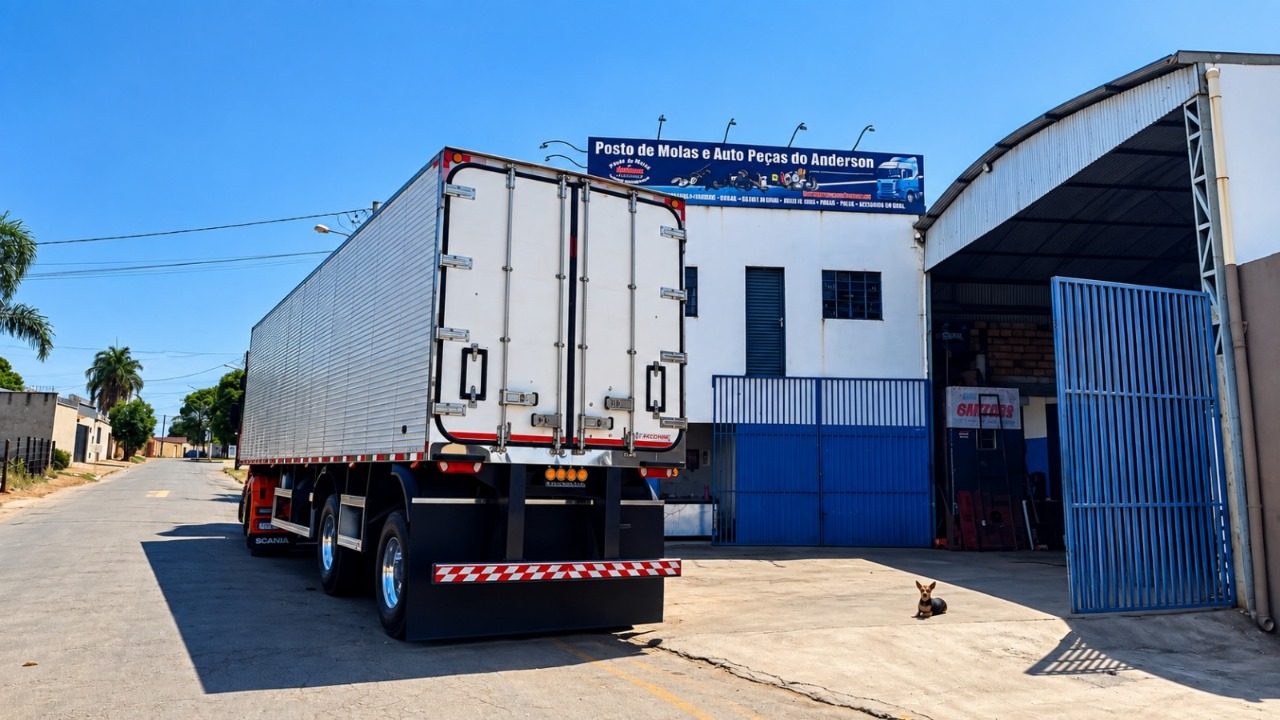 Caminhão no pátio em frente ao Posto de Molas e Auto Peças do Anderson